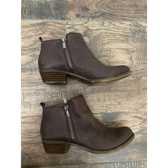 Lucky Brand‎ Basel Bootie Size 8M Dark Brown Double Zippers Chunky Heal Leather - Picture 12 of 16